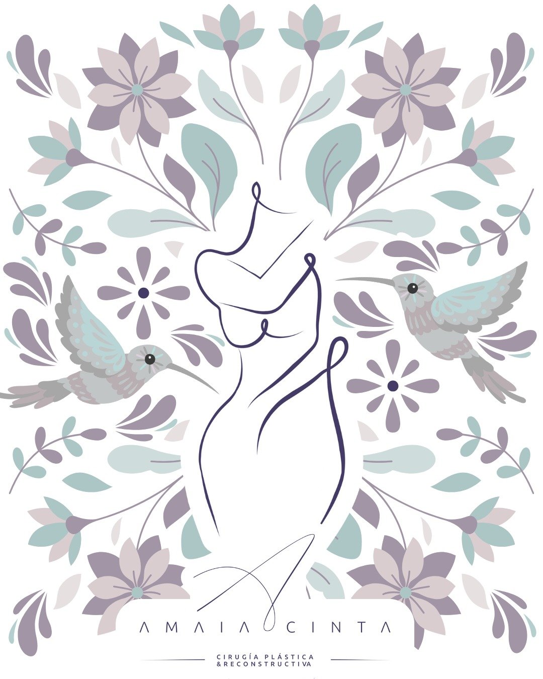 Identidad visual Amaia Cinta — patrón floral con colibríes